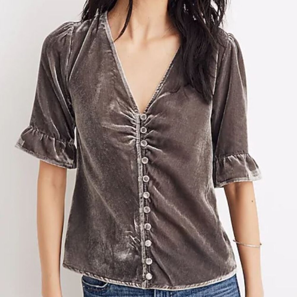 Madewell | Smoked Graphite Velvet Daylight Ruffle Sleeve Button Top | Size 6